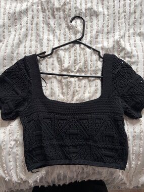 Zara Black Crochet Puff-Sleeve Cropped Top